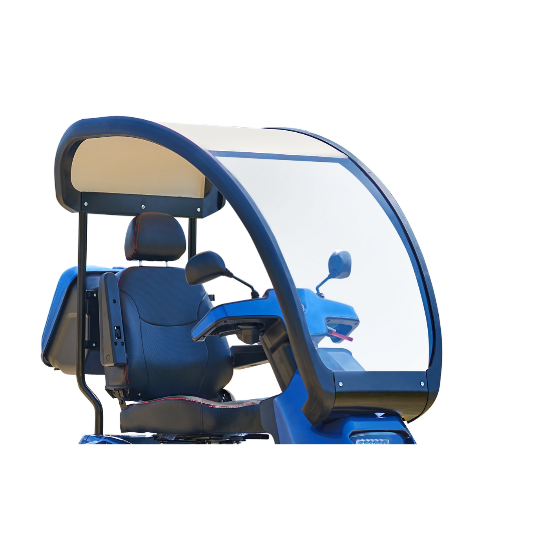 A blue mobility scooter with a transparent canopy, cushioned seat, backrest, and armrests provides excellent mobility. Supported by a black frame, it features Afikim Electric Vehicle Accessories for enhanced comfort against a white backdrop.